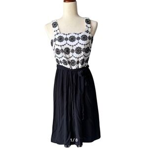 Loft black and white embroidered fit-and-flare dress